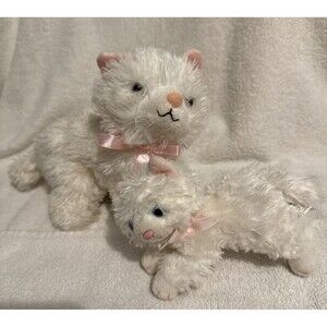 Set Of 2 Adorable White Persian Cat & Kitten Plush Figurines